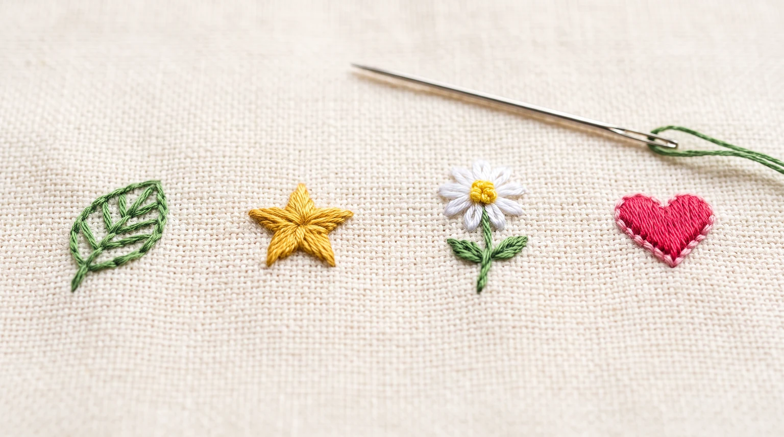 Tiny stitched leaf, yellow star, white daisy and pink heart beside an embroidery needle