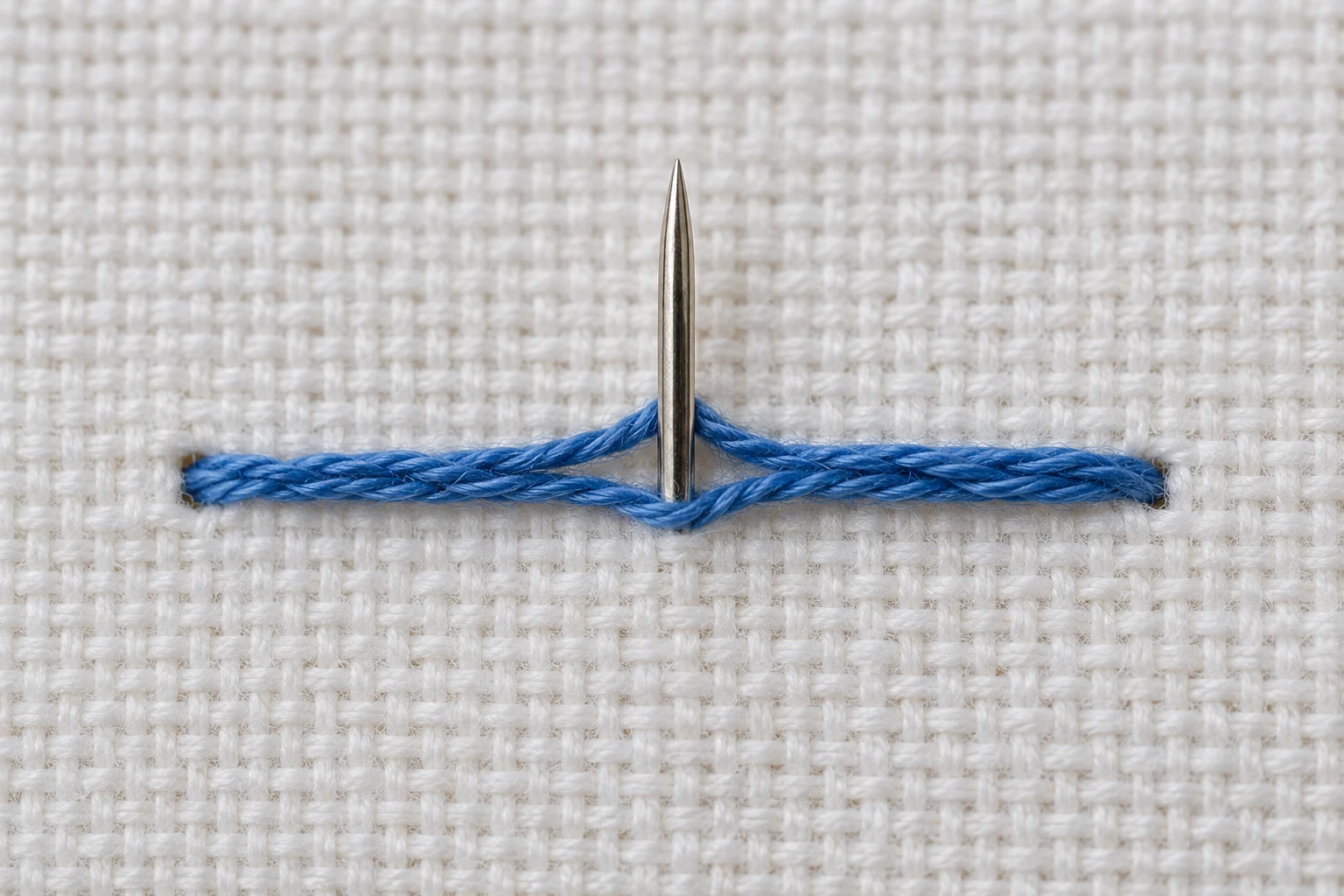 Needle emerging between the blue thread strands at the midpoint of a short anchored stitch