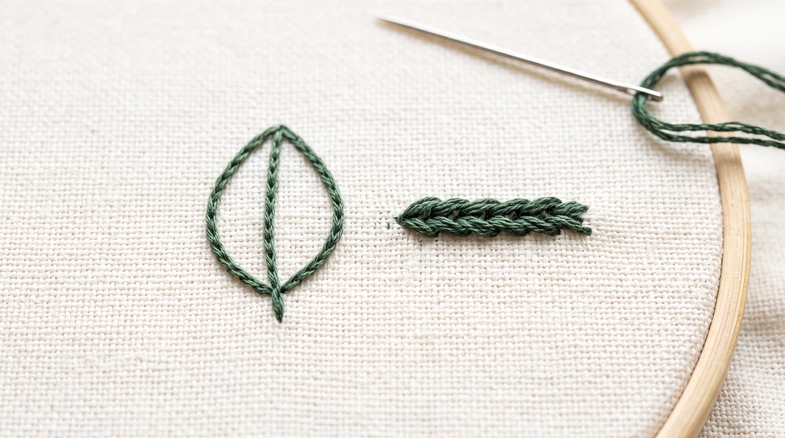 Fine green stitched leaf outline beside a thicker short textured line sample