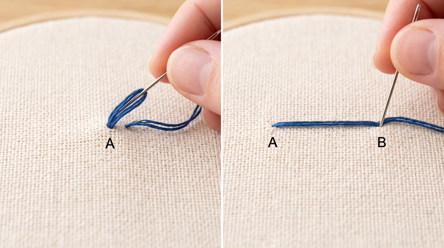 Two labeled views showing thread brought up at point A and a completed straight stitch extending to point B