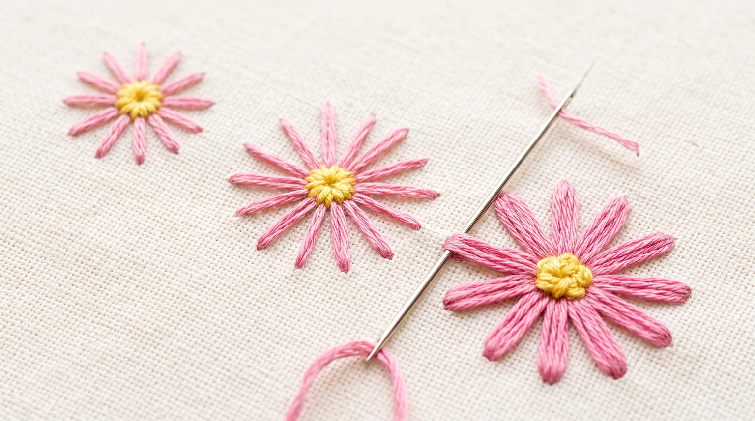 Three pink ray-petal flowers with different stitch lengths and thicknesses around yellow centers