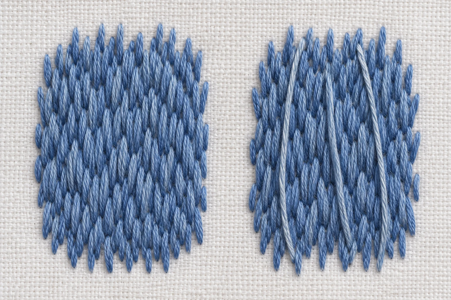 Two blue textured straight-stitch patches comparing short overlapping stitches with several longer thread spans