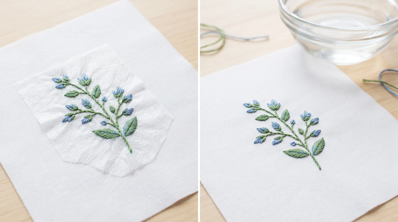 Two sprig samples showing a temporary white layer around stitching and a clean fabric surface after removal