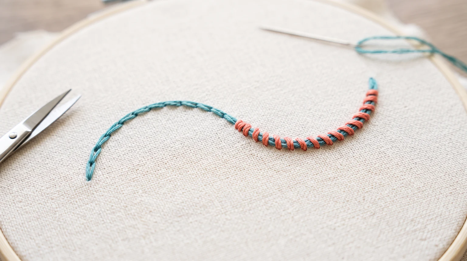 Curved teal line with one section plain and another wrapped with coral whipping thread