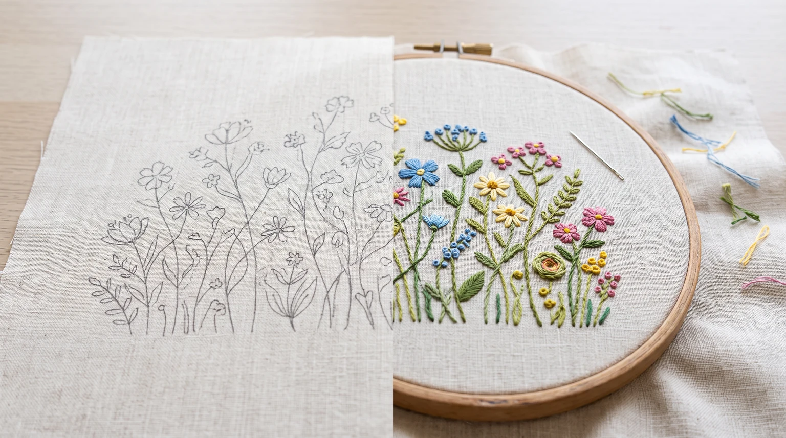 Wildflower line drawing beside a colorful stitched meadow in a hoop
