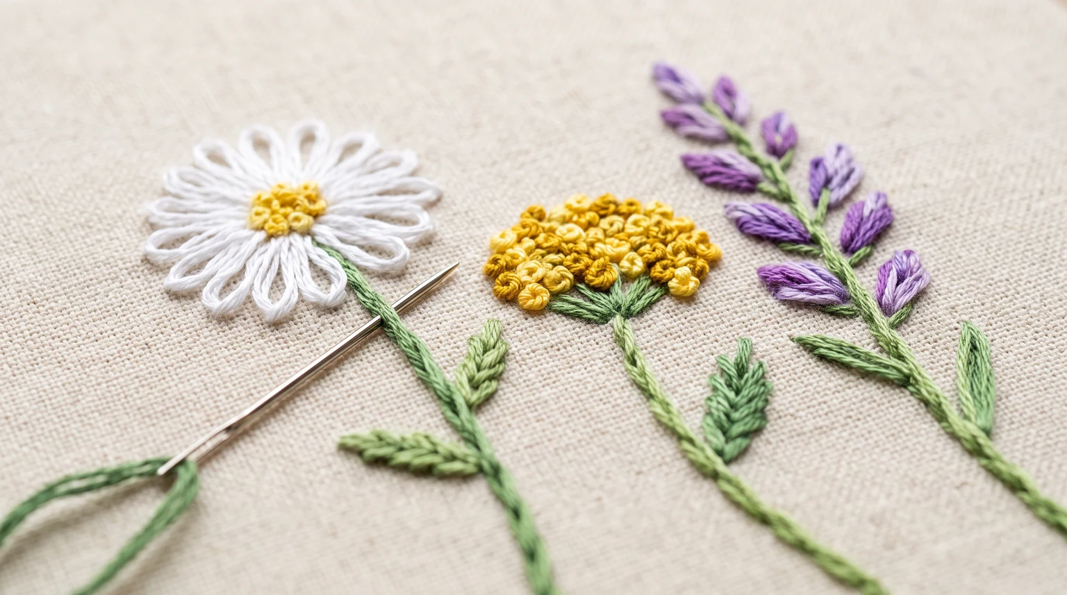 Separate daisy, yellow knot-flower cluster and purple sprig showing three flower textures