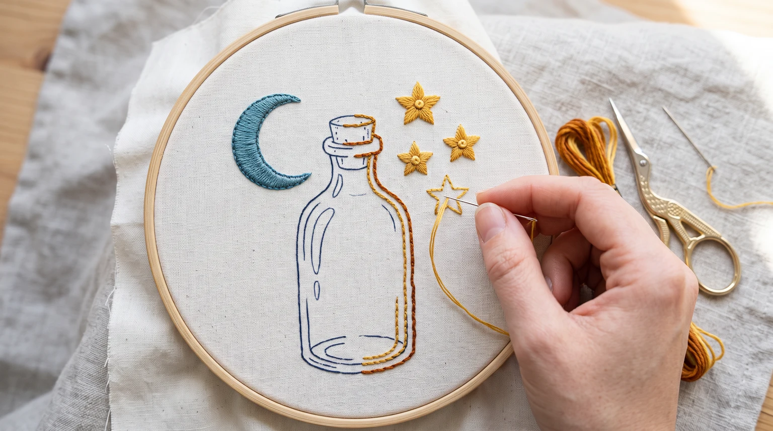 Partly stitched bottle with teal crescent and gold stars on light fabric