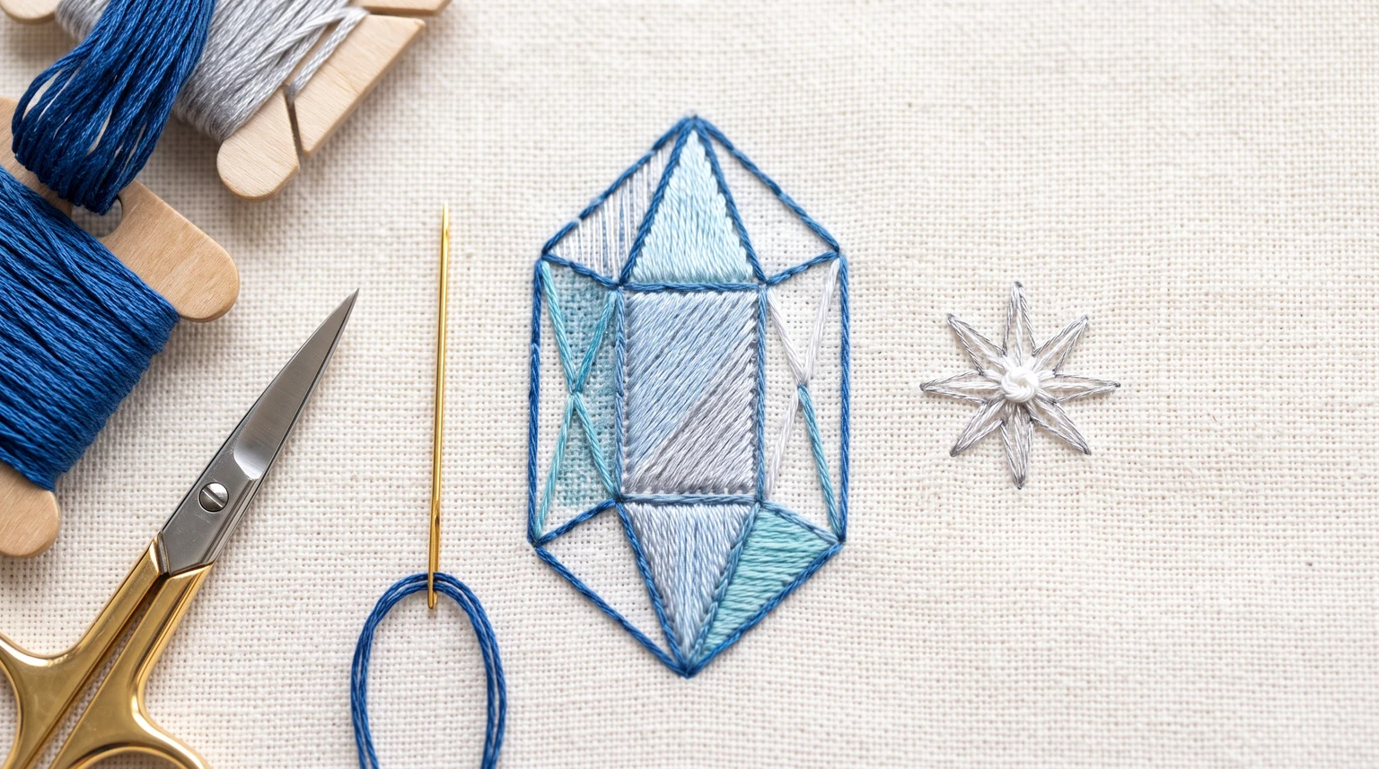 Blue crystal outline with partly filled facets beside a small silver stitched star
