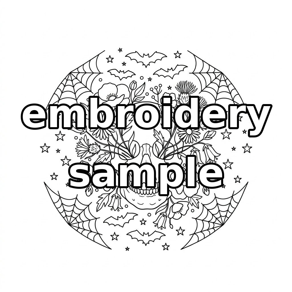 Watermarked skull and burgundy wildflowers embroidery outline