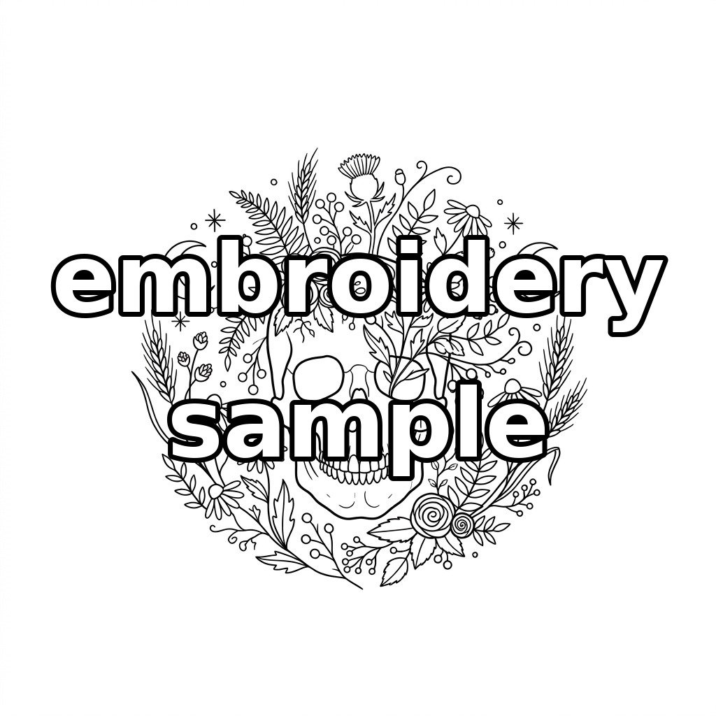 Watermarked skull, rose and thistle moon wreath embroidery outline
