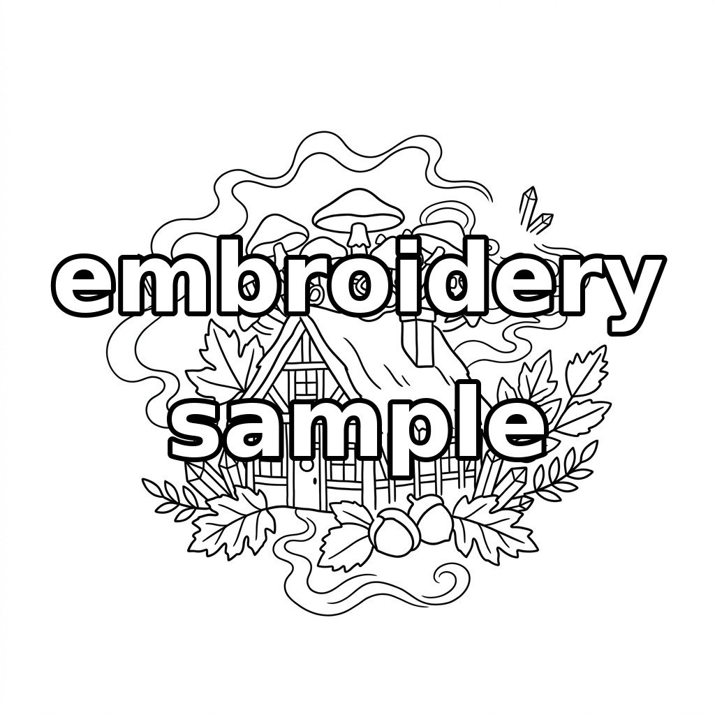 Watermarked autumn mushroom cottage and crystal wreath embroidery outline