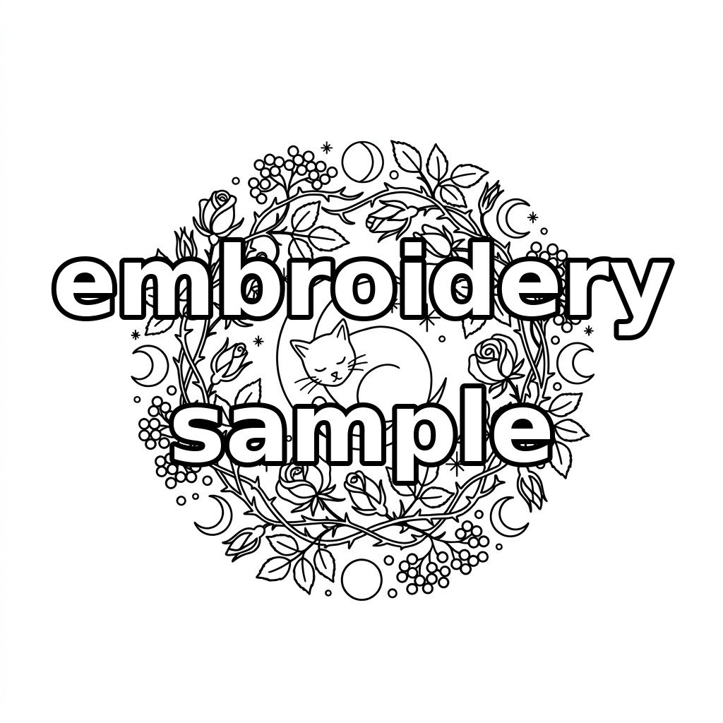 Watermarked black cat, silver crescent and lavender wreath embroidery outline
