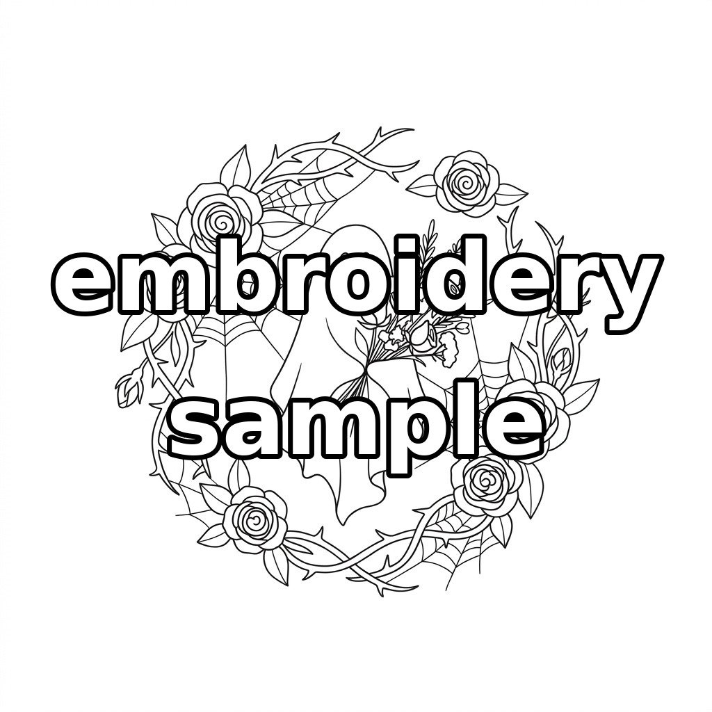 Watermarked ghost bouquet, roses and spiderweb wreath embroidery outline