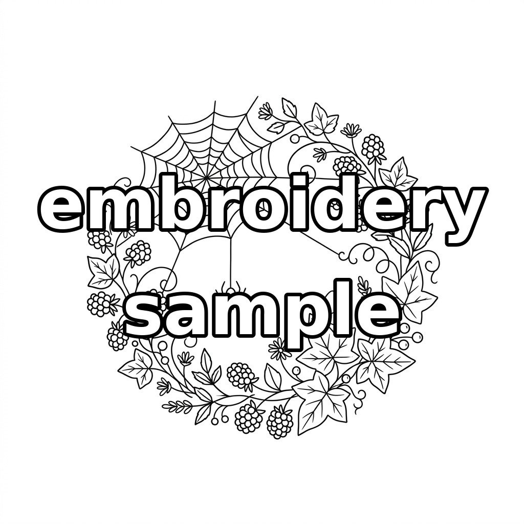 Watermarked hanging spider, blackberry and ivy wreath embroidery outline
