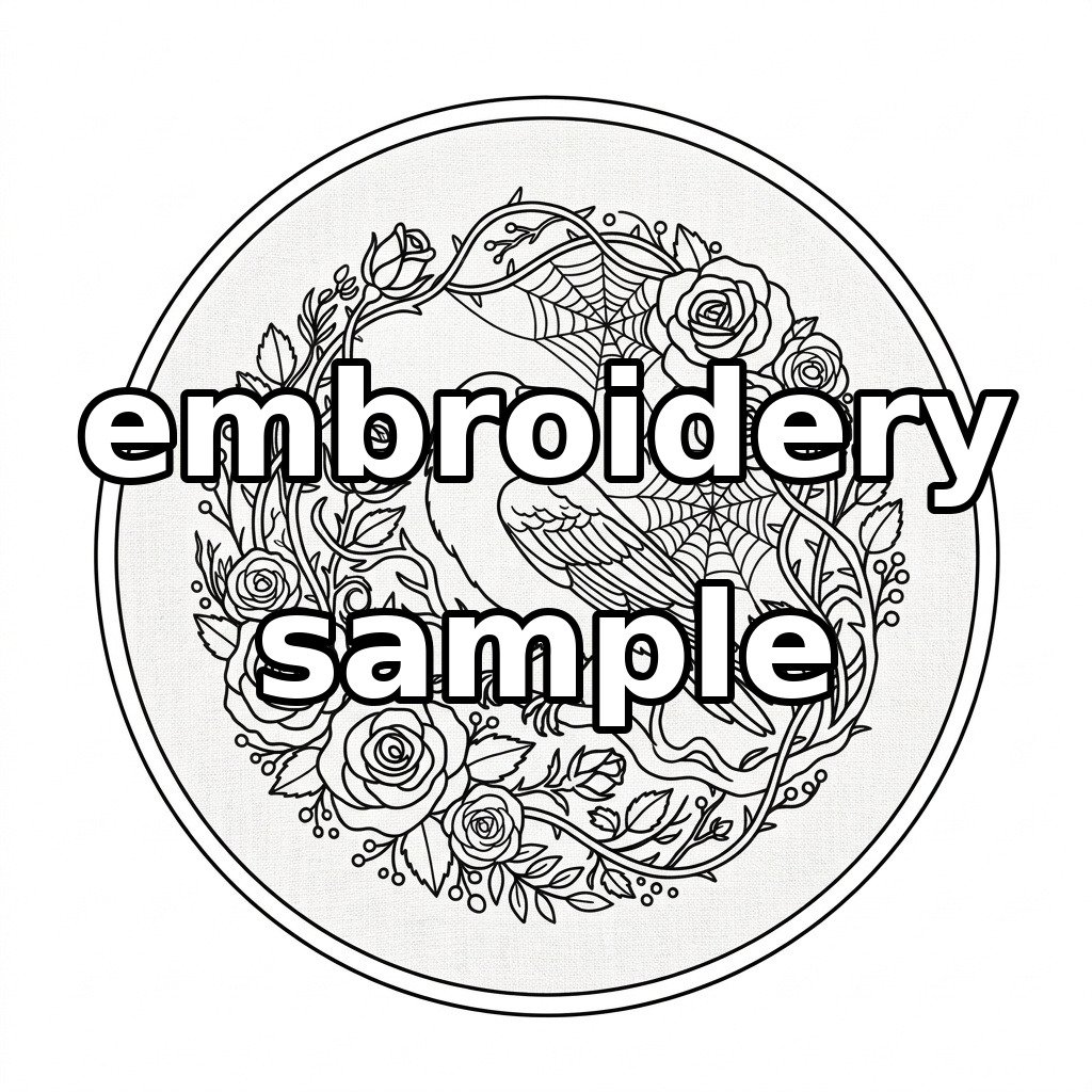 Watermarked crow, spiderweb and gothic rose wreath embroidery outline