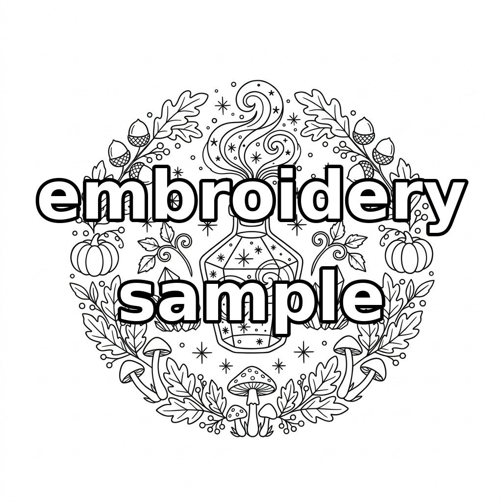 Watermarked enchanted elixir and woodland harvest embroidery outline