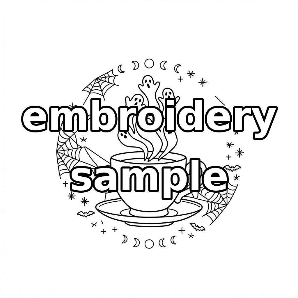 Watermarked ghost teacup and celestial webs embroidery outline
