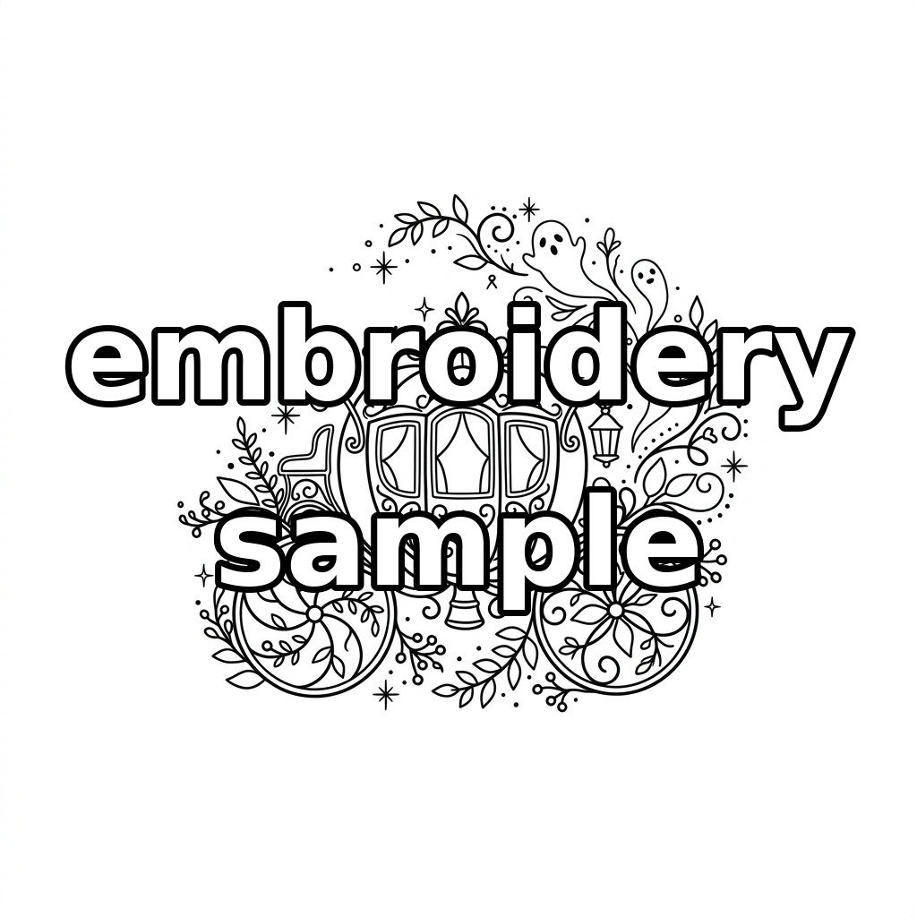 Watermarked ghostly pumpkin carriage and floral wreath embroidery outline