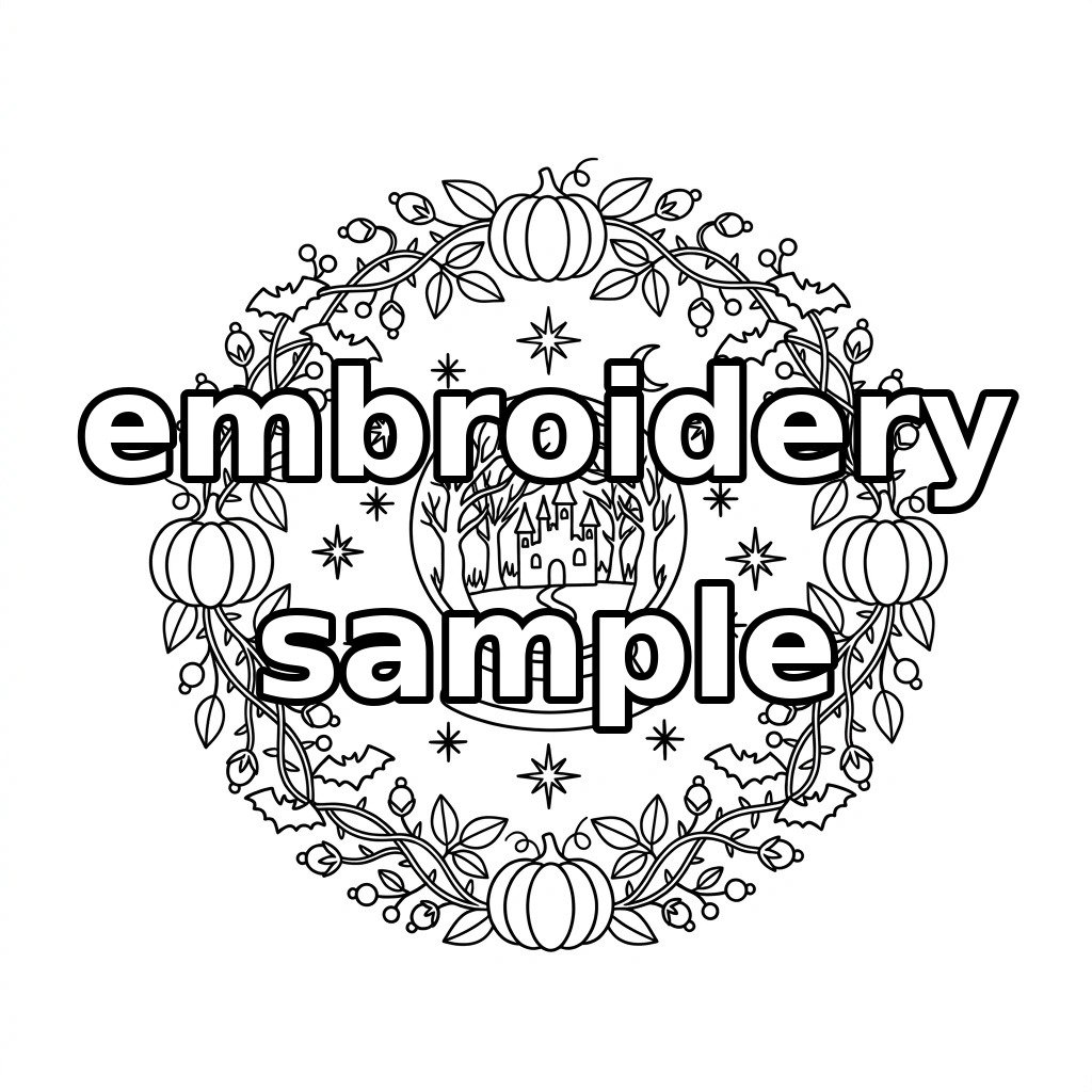 Watermarked haunted crystal ball and pumpkin moon wreath embroidery outline