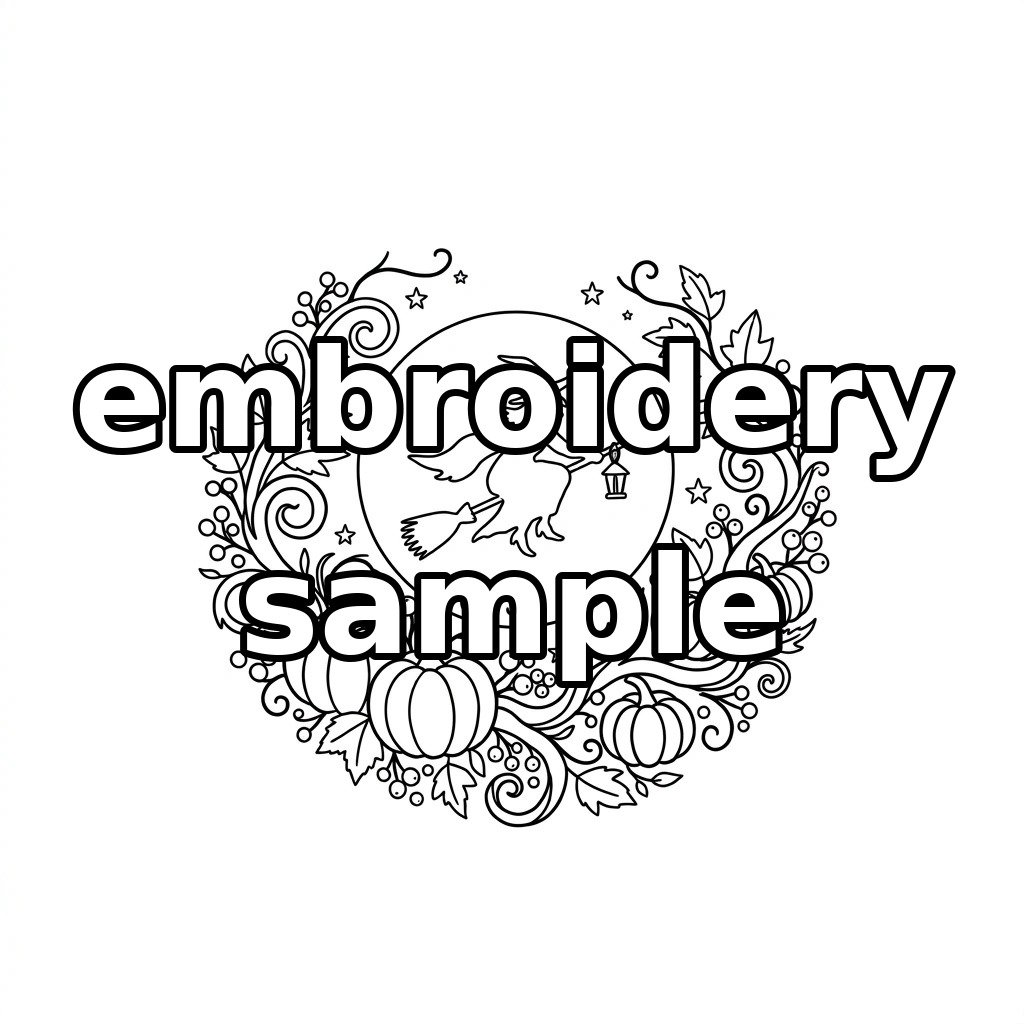 Watermarked lantern witch, full moon and pumpkin vine embroidery outline