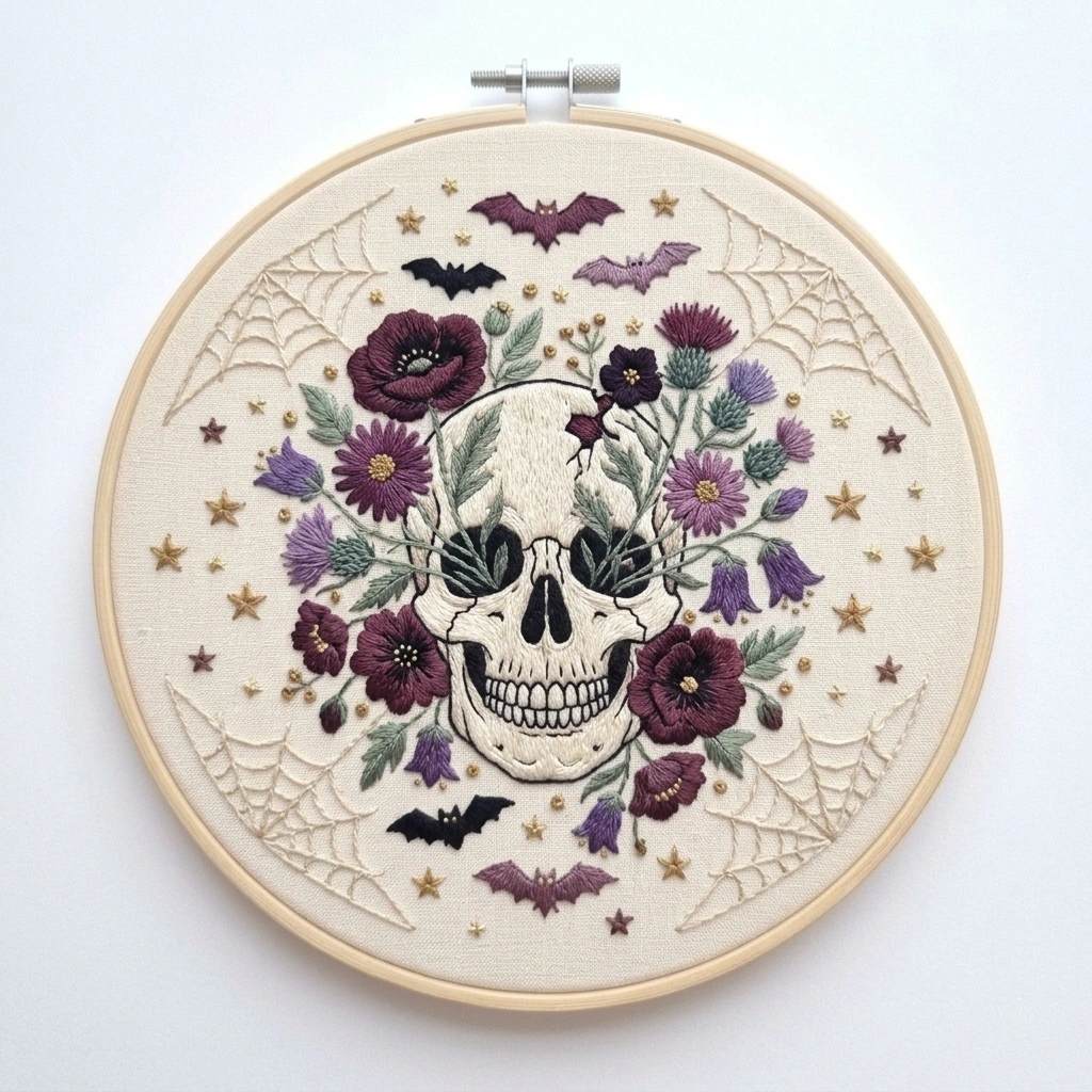 Anatomical Skull & Burgundy Wildflowers embroidery pattern