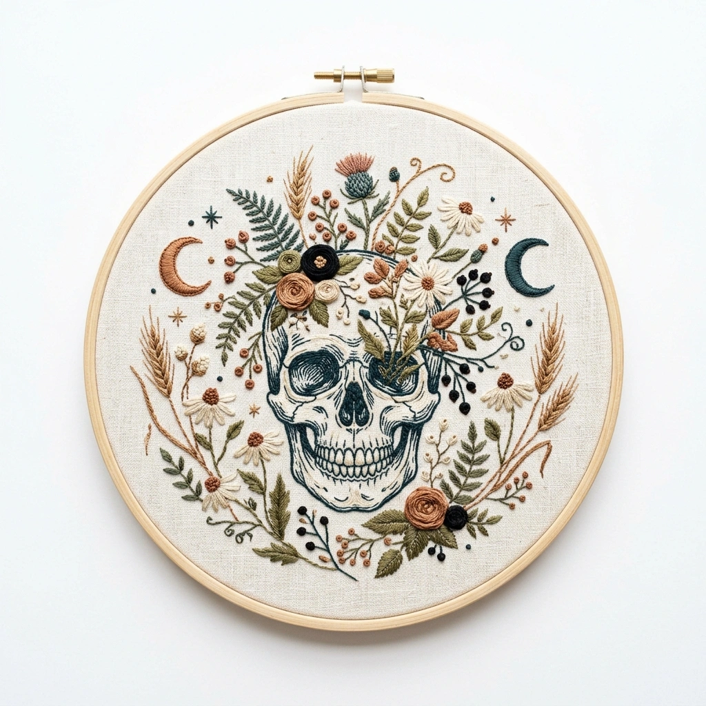 Skull, Rose & Thistle Moon Wreath embroidery pattern