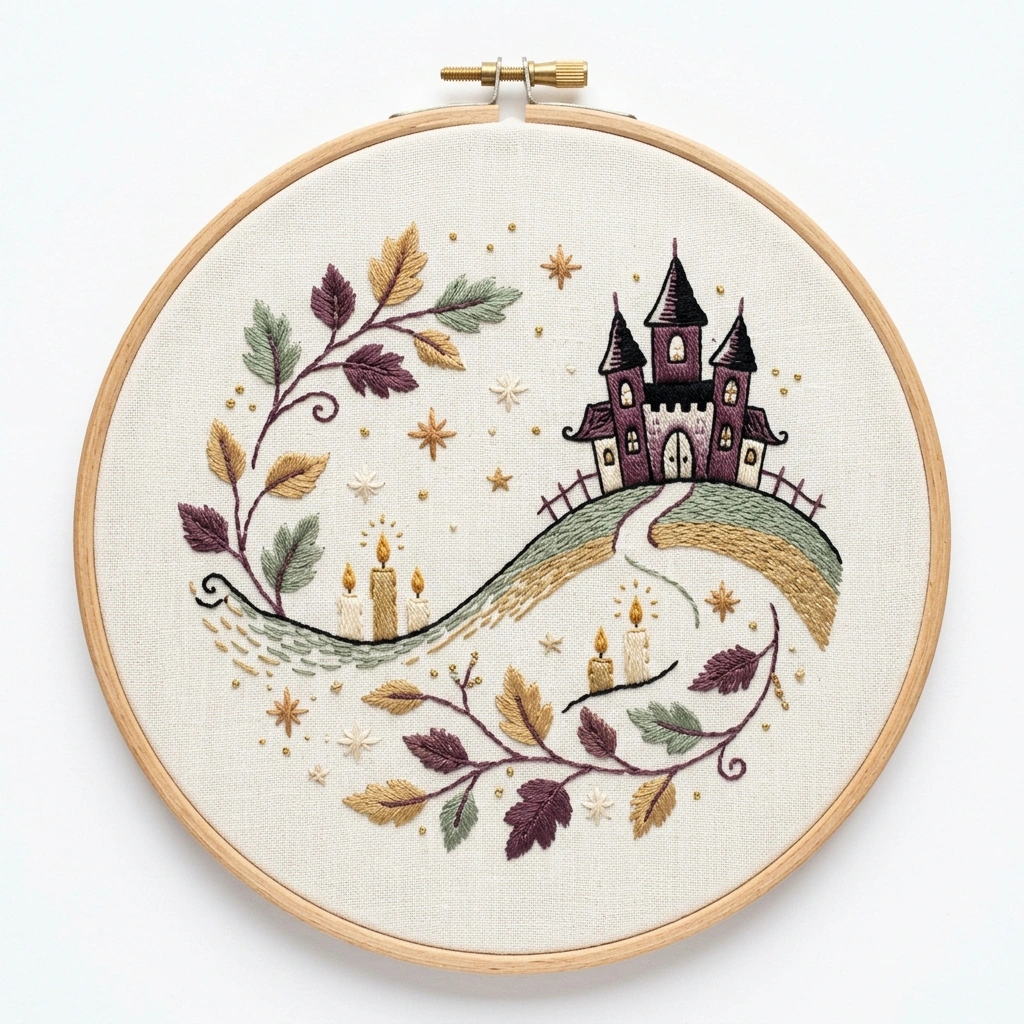 Autumn Castle on a Winding Hill embroidery pattern