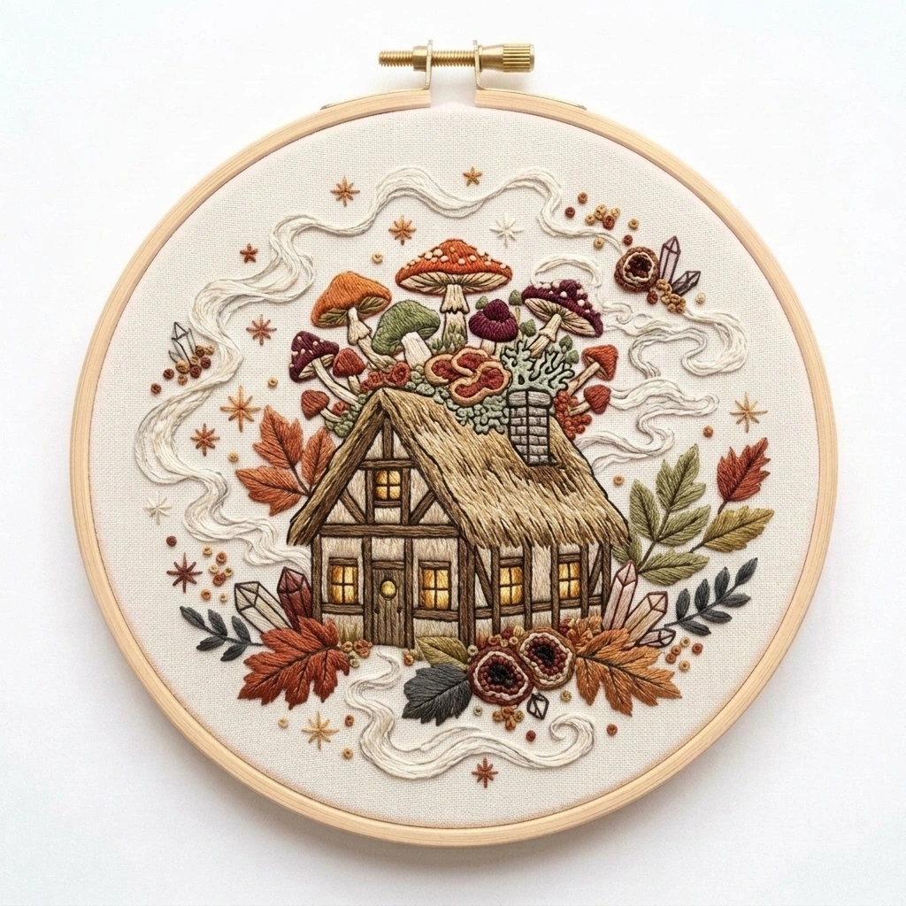 Autumn Mushroom Cottage & Crystal Wreath embroidery pattern