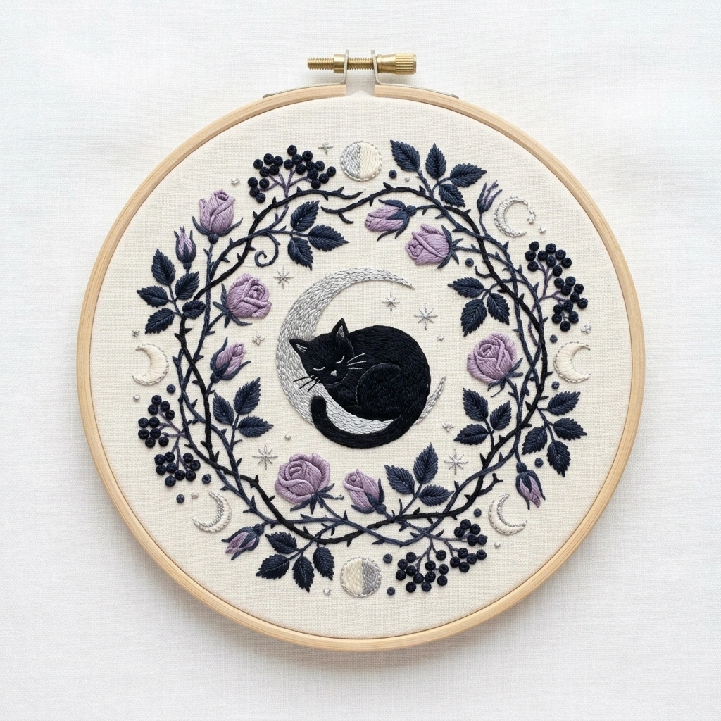 Black Cat, Silver Crescent & Lavender Wreath embroidery pattern
