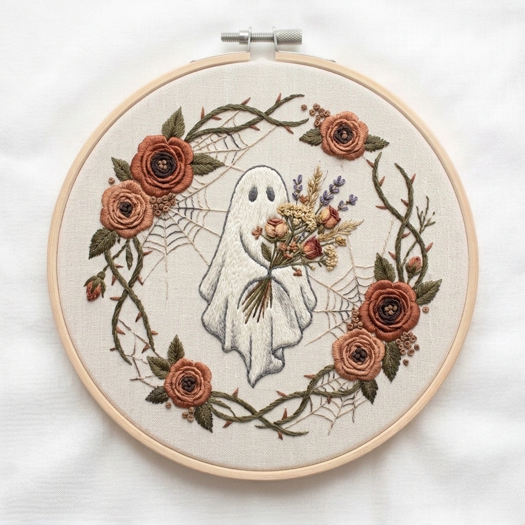 Ghost Bouquet, Roses & Spiderweb Wreath embroidery pattern