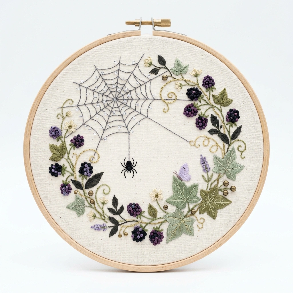 Hanging Spider, Blackberry & Ivy Wreath hand embroidery pattern