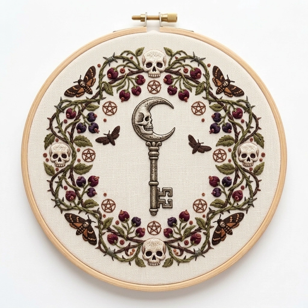 Crescent Skull Key, Moths & Thorn Wreath embroidery pattern