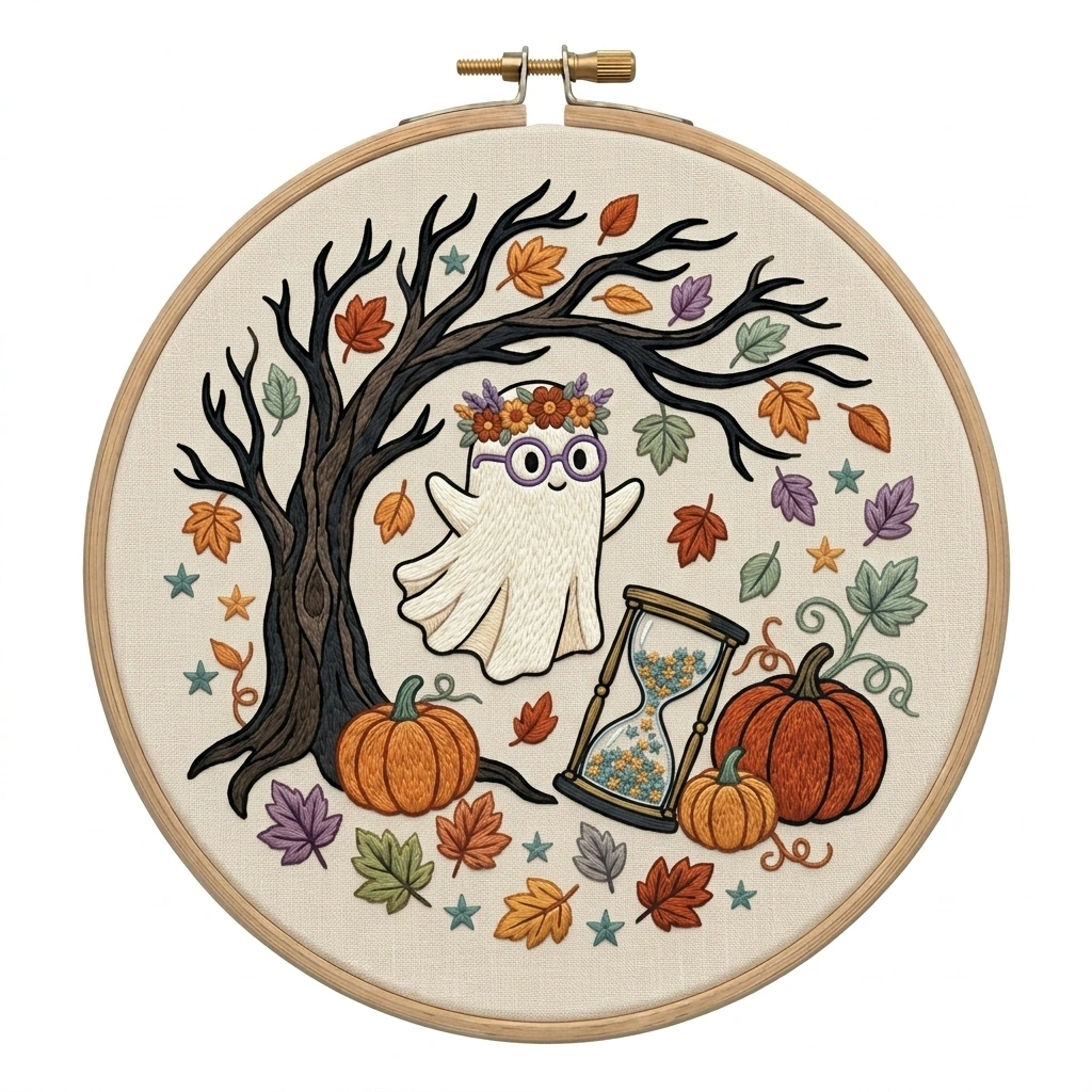 Floral Ghost, Gnarled Tree & Hourglass Wreath embroidery pattern