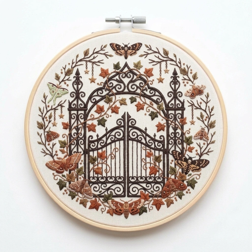 Ornate Garden Gate, Moths & Autumn Ivy hand embroidery pattern