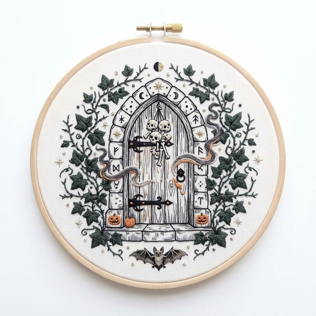 Runed Gothic Door, Skulls & Ivy Wreath hand embroidery pattern