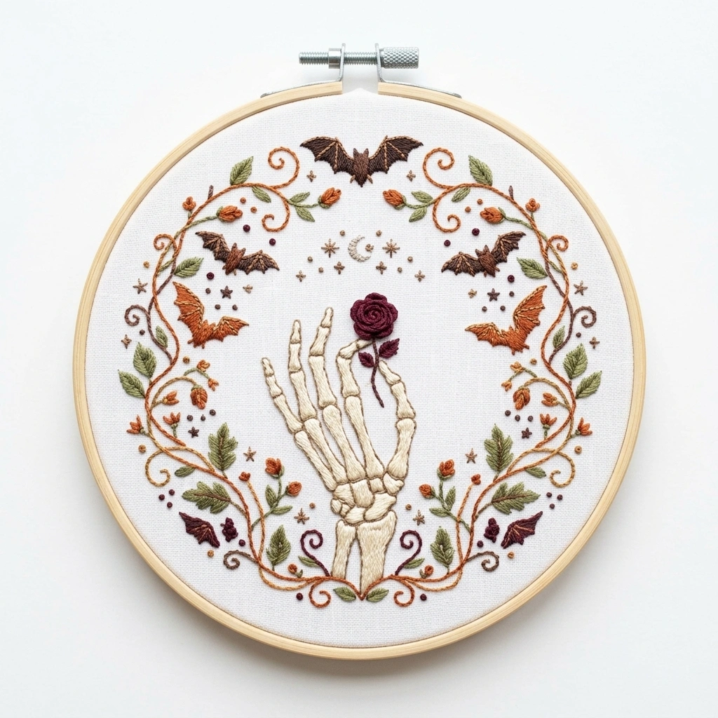 Skeleton Hand, Burgundy Rose & Bat Wreath hand embroidery pattern