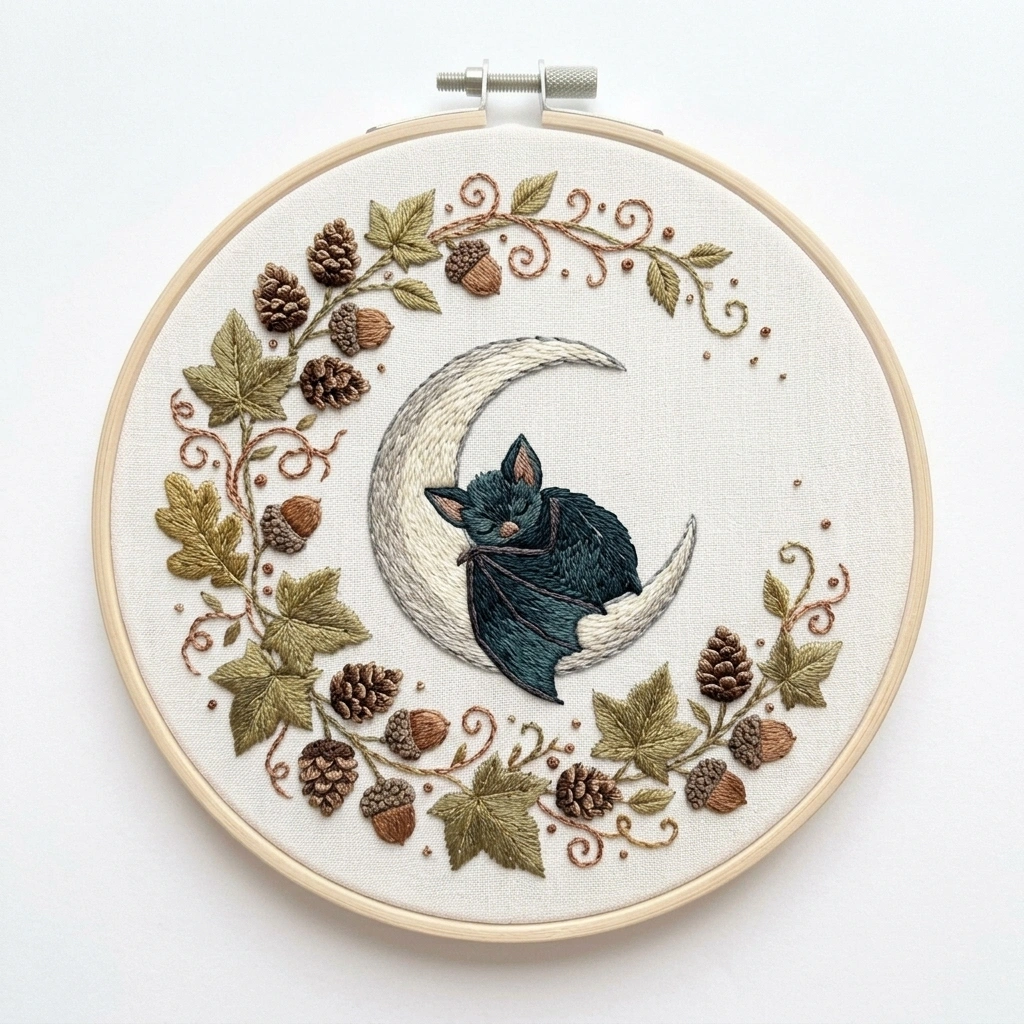 Sleeping Teal Bat in Crescent Moon Wreath embroidery pattern