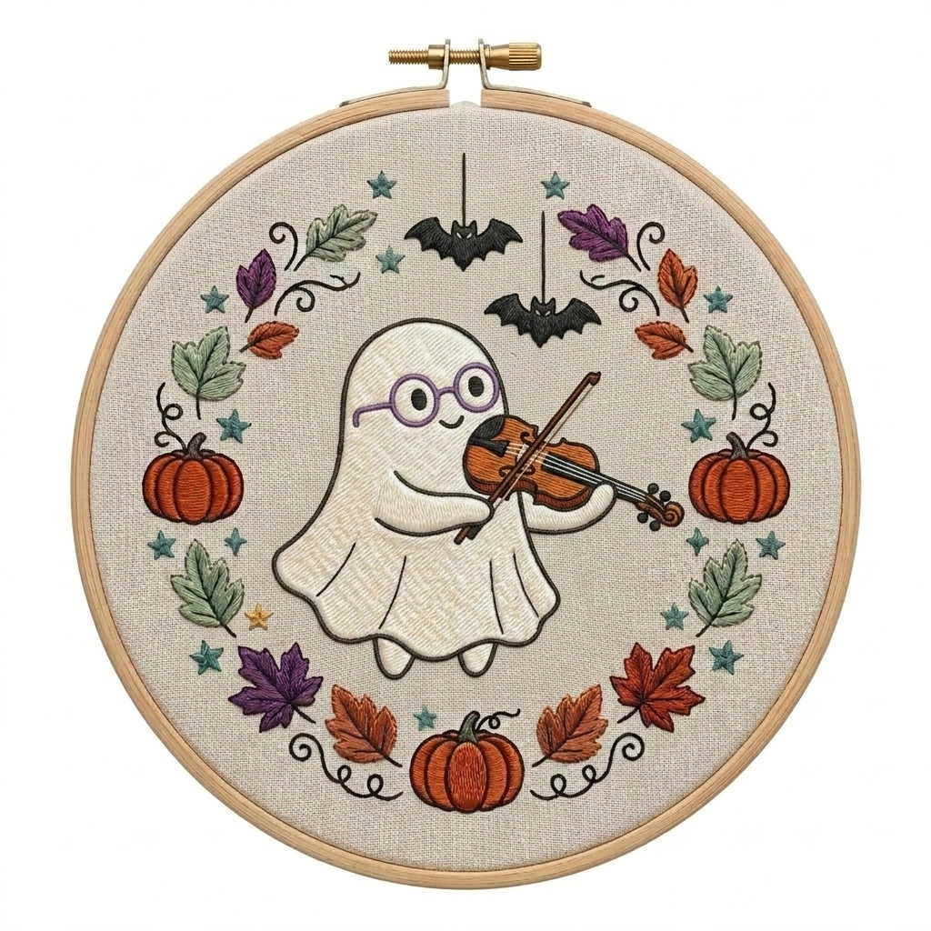 Violin Ghost, Pumpkins & Bat Wreath embroidery pattern
