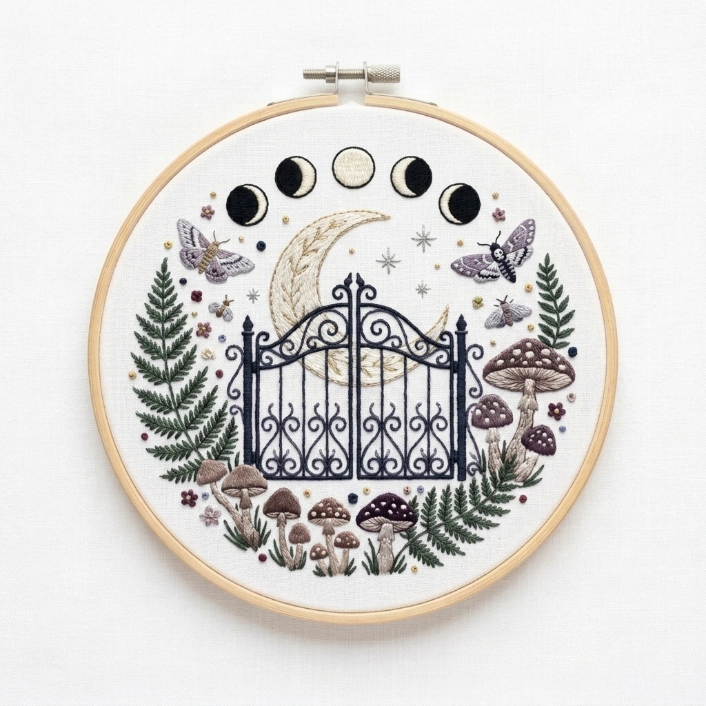 Wrought-Iron Moon Gate, Mushrooms & Ferns embroidery pattern