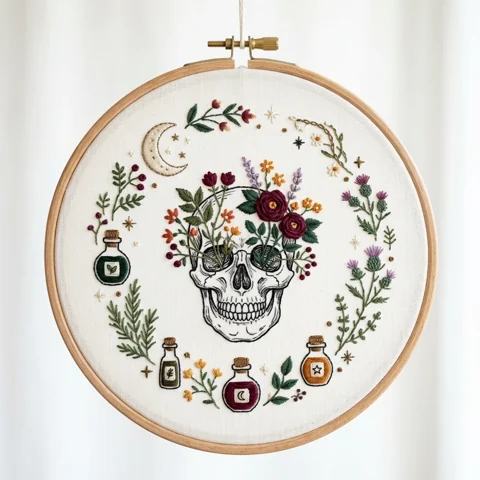 Anatomical Skull with Burgundy Roses Four Apothecary Bottles Crescent hand embroidery design