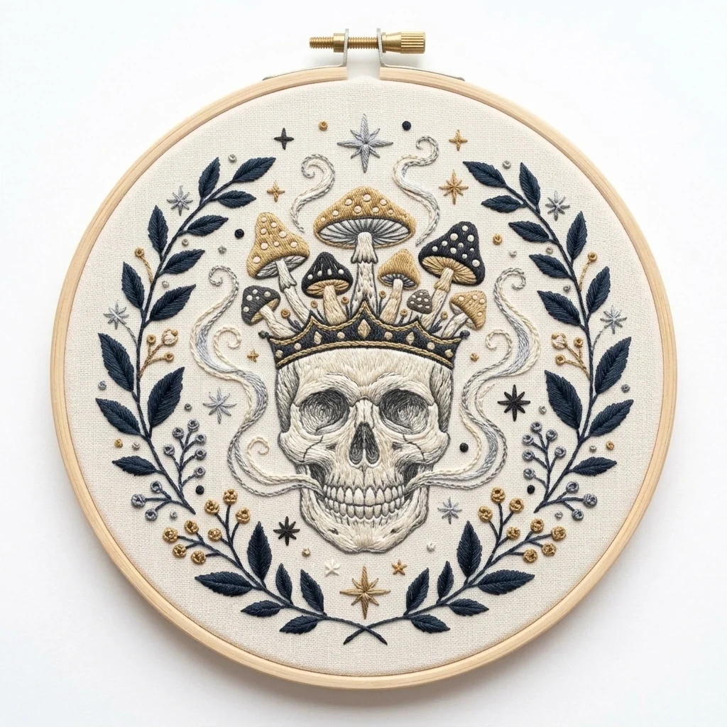 Anatomical Skull with Golden Mushroom Crown Smoke Curls and Midnight colored hand embroidery design