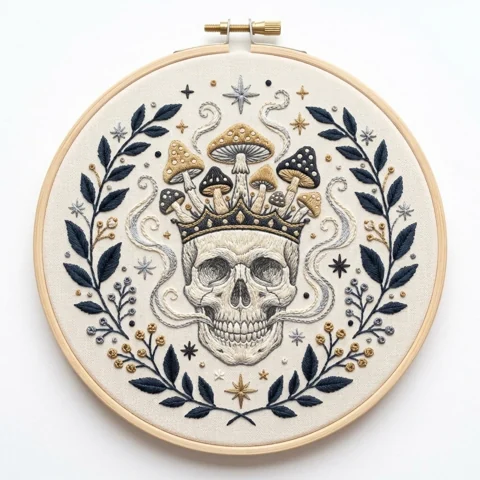 Anatomical Skull with Golden Mushroom Crown Smoke Curls and Midnight hand embroidery design