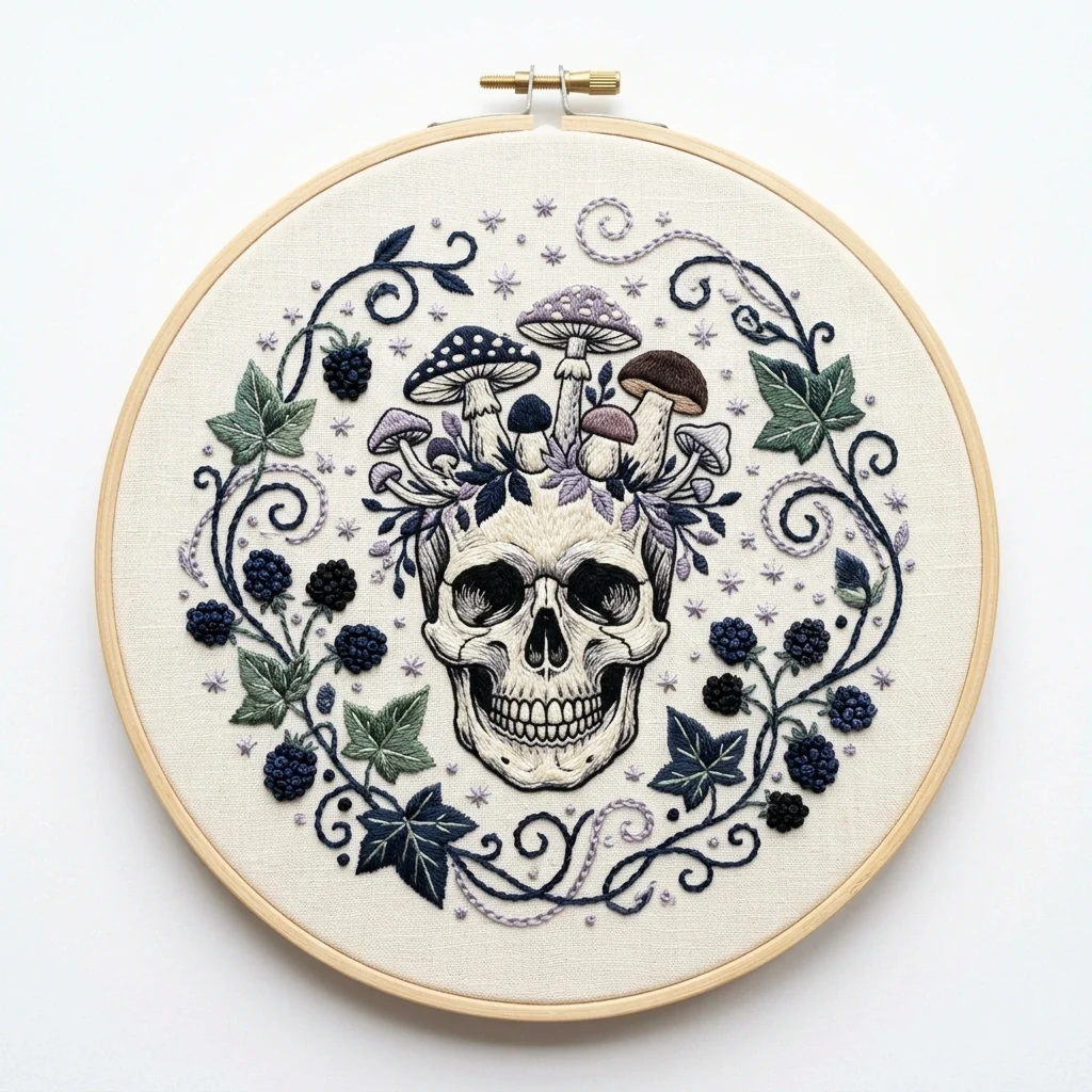 Anatomical Skull with Mushroom Crown Blackberries Ivy and Celestial colored hand embroidery design
