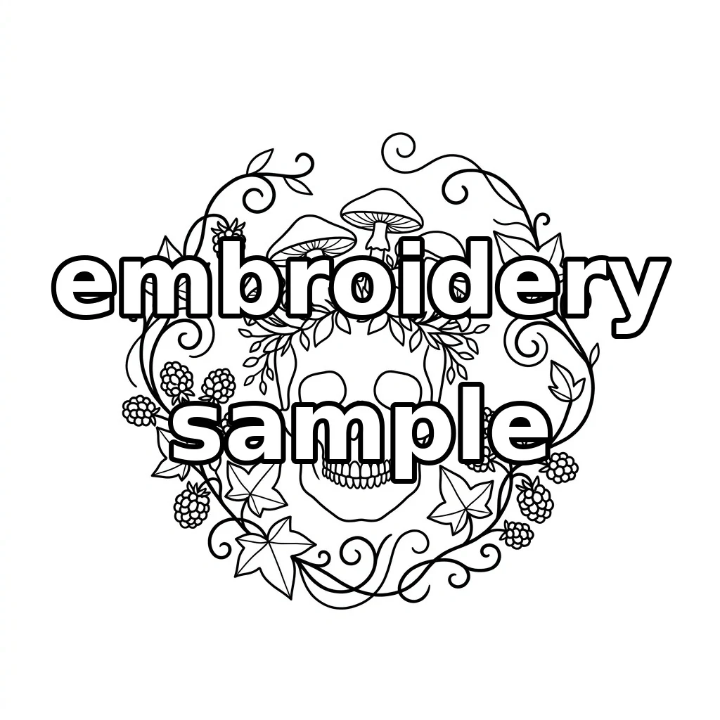 Watermarked Anatomical Skull with Mushroom Crown Blackberries Ivy and Celestial embroidery outline