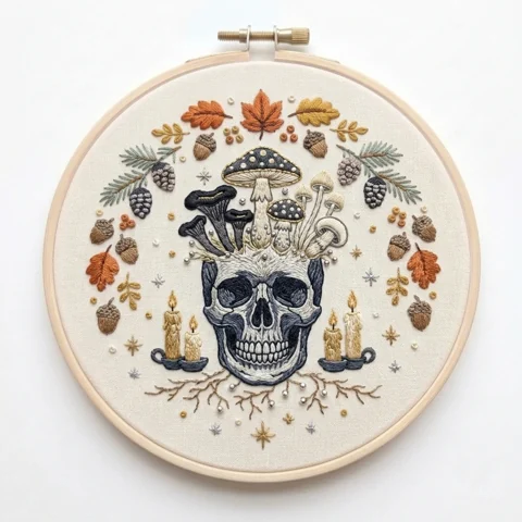 Anatomical Skull with Mushroom Crown Candles and Woodland Autumn hand embroidery design