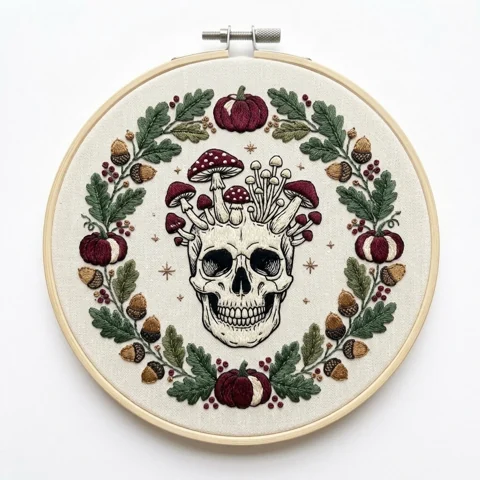 Anatomical Skull with Mushroom Crown Four Burgundy Pumpkins Acorns hand embroidery design