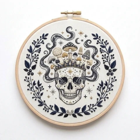 Mushroom-Crowned Skull and Midnight Botanical Wreath hand embroidery design
