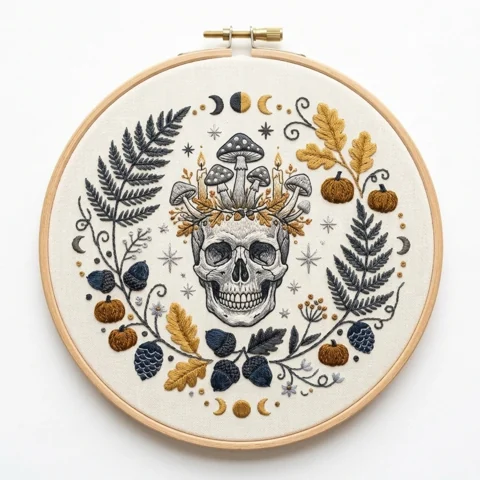 Anatomical Skull with Mushroom Crown Twin Candles Pumpkins hand embroidery design