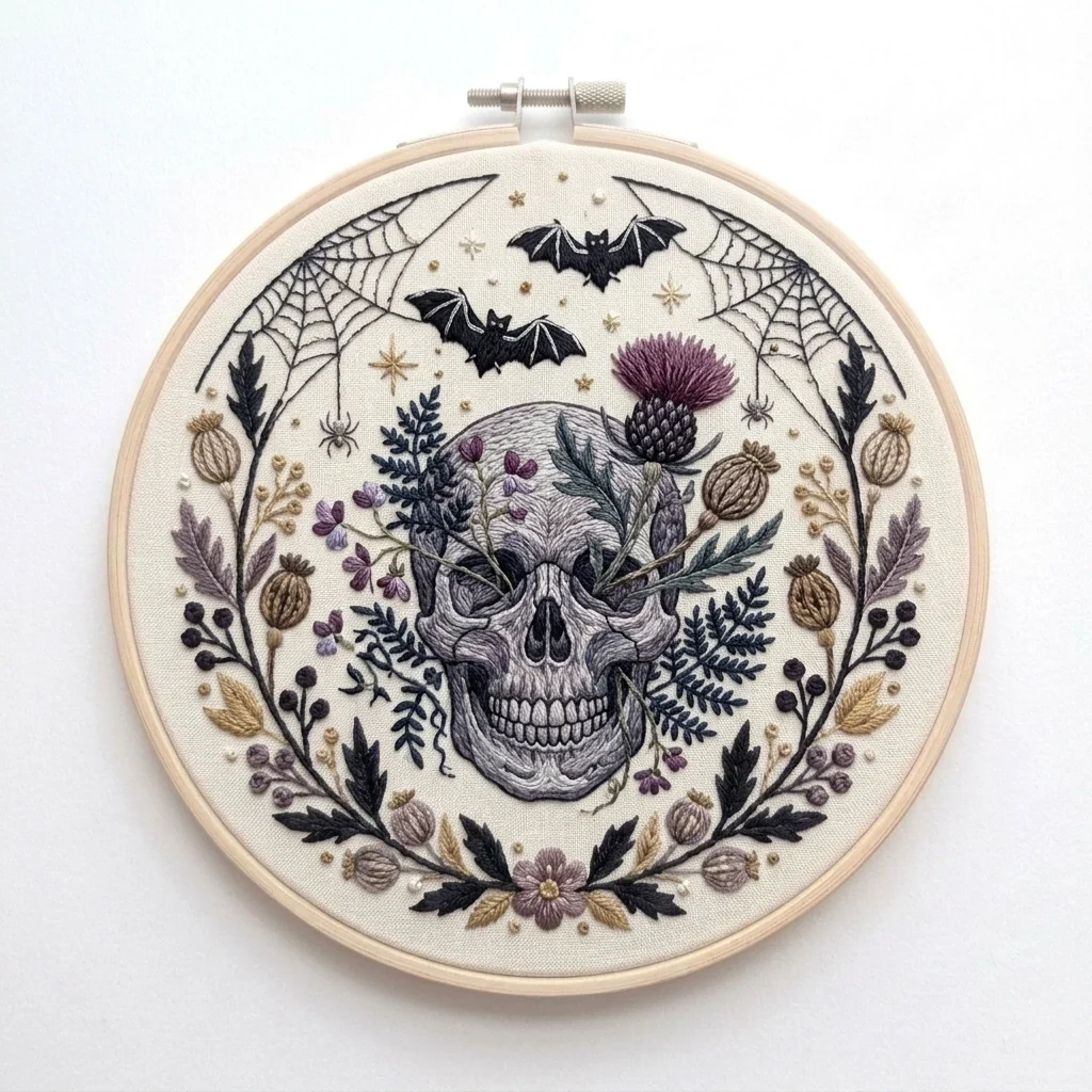Anatomical Skull with Purple Thistle Twin Bats Spiderwebs colored hand embroidery design