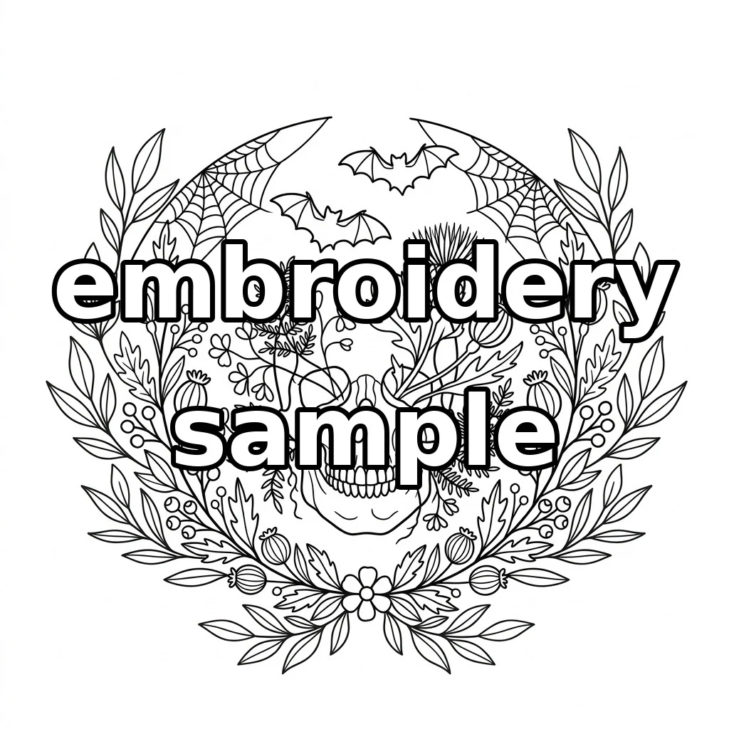 Watermarked Anatomical Skull with Purple Thistle Twin Bats Spiderwebs embroidery outline